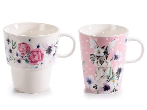 Set of 2 stackable porcelain bunny mugs