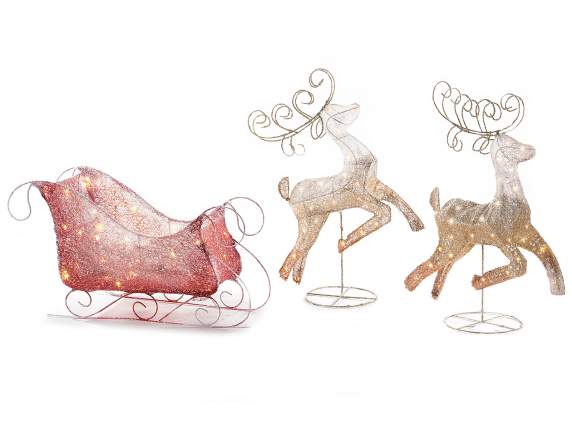 Sled set with 2 reindeer shaded metal and warm white led lig