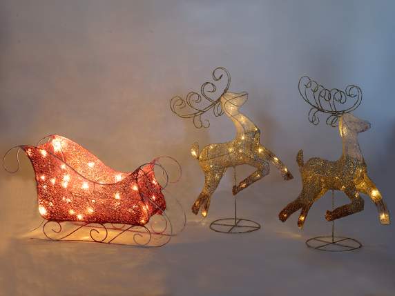 Sled set with 2 reindeer shaded metal and warm white led lig