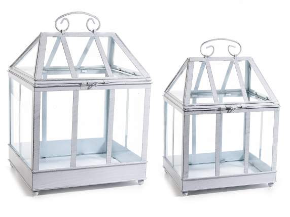 Set of 2 mini greenhouses with rectangular base in white met