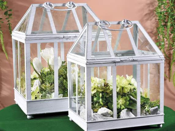 Set of 2 mini greenhouses with rectangular base in white met