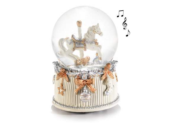 Snowball music box with horse on white resin base