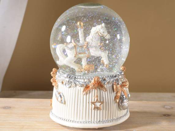 Snowball music box with horse on white resin base