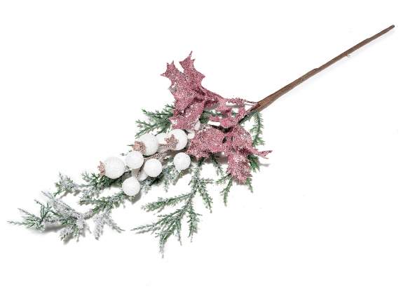 Snowy stem with artificial berry and pink glittered leaf
