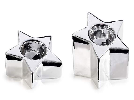 Set of 2 star shaped silver porcelain candle holders