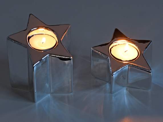 Set of 2 star shaped silver porcelain candle holders