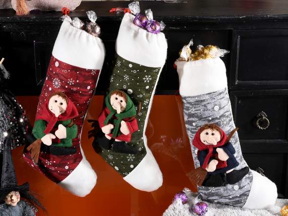 Befana stocking in cloth with embossed decorations to hang