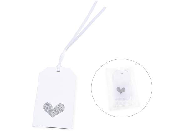Pack of 50 white paper tags with glitter heart and ribbon