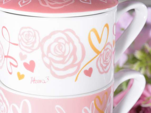 Porcelain teapot and 2 cups set with Rose - Hearts design