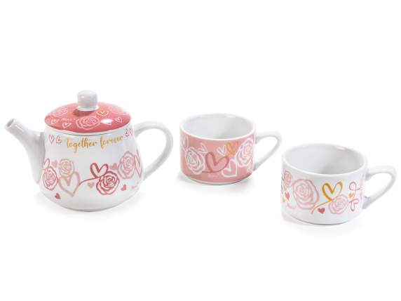 Porcelain teapot and 2 cups set with Rose - Hearts design
