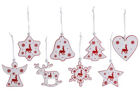 Display 144 wooden decorations with red print to hang