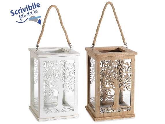 Tree of Life wooden lantern with rope handle