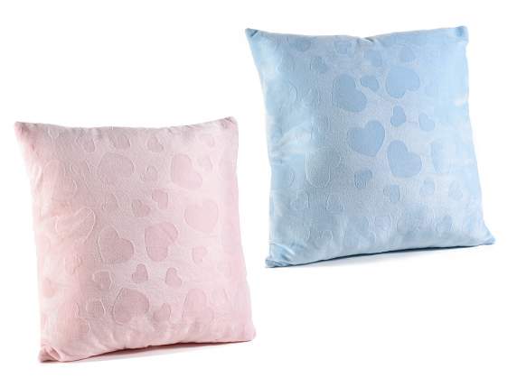 Padded fabric cushion with embossed hearts