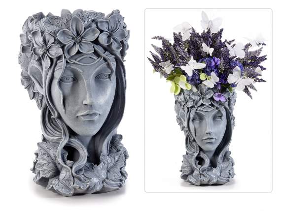 Resin vase Womans face w - embossed floral decorations