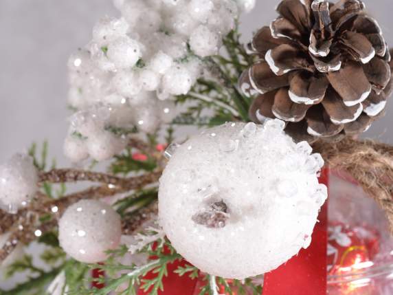 Snow-covered sprig with pine cone, apple and white frosted b