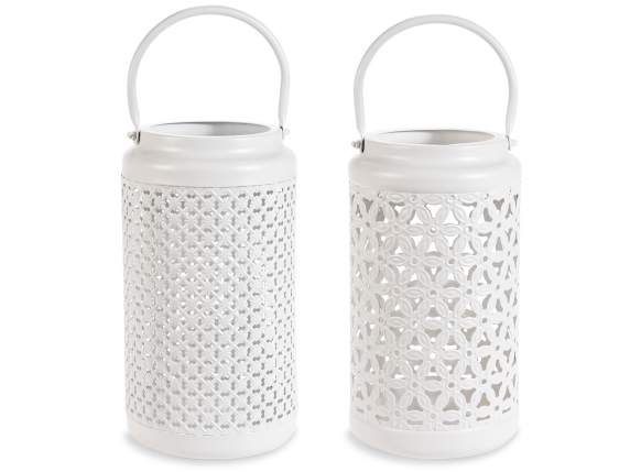 White perforated metal lantern with handle