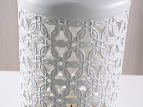 White perforated metal lantern with handle