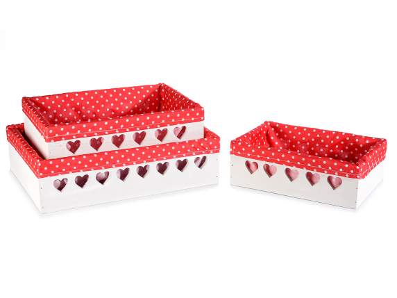 Set of 3 wooden baskets with heart carvings and polka dot fa