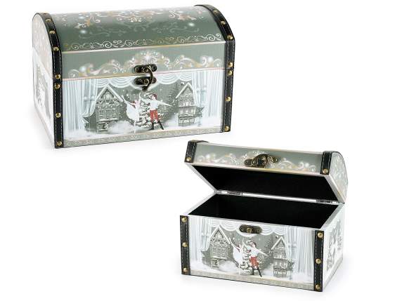 Set of 2 wooden trunks covered in fabric with imitation leat