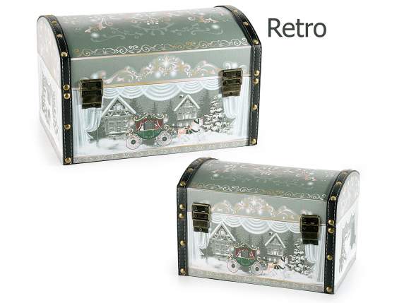 Set of 2 wooden trunks covered in fabric with imitation leat