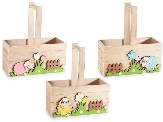 Wooden basket with handle and sheep on the lawn decorations