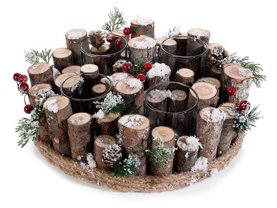 Round wooden centerpiece and snowy pine cones w - 4 glass ja