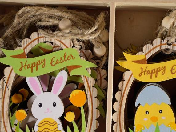 Display with 48 wooden egg decorations to hang