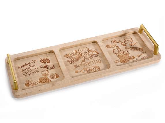 Wooden tray with 3 compartments and golden handles