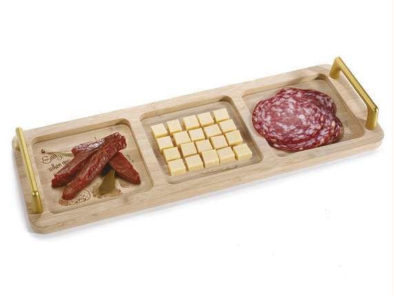 Gourmet wooden tray with 3 compartments and golden handles