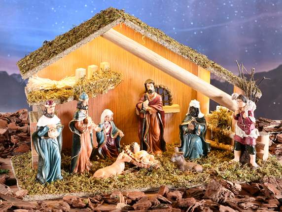 Wooden nativity scene with resin characters, moss, LED