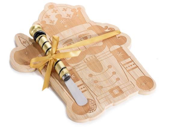Wooden nutcracker cutting board set with knife and bow