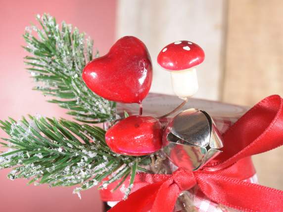 Snowy bouquet with mushroom, red hearts and bell