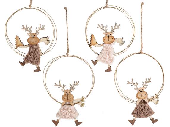 Reindeer metal decoration in wood, wool and glitter to hang