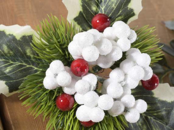 Artificial sprig with holly, red and white berries