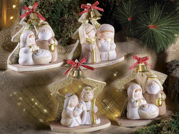 Terracotta nativity scene with wooden base, bell and bow