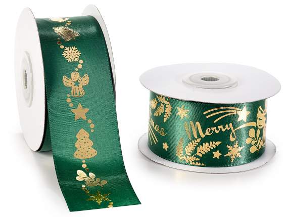 38mm Satin Ribbon with Shiny Gold-Like Christmas Print
