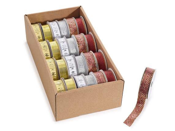 Display 24 Christmas ribbons 15 mm lamé effect