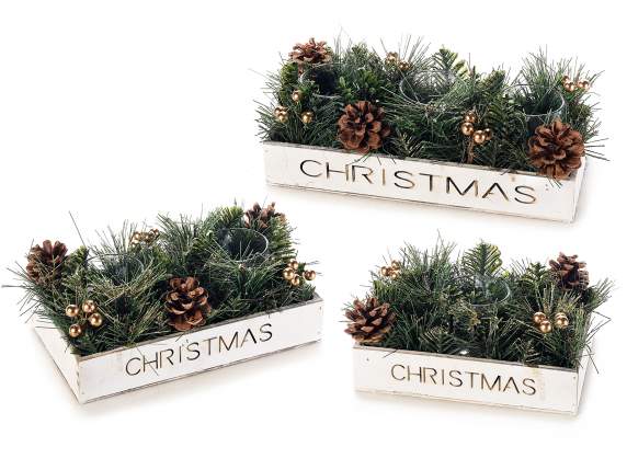 Set of 3 wooden centerpieces with writing and candle holder