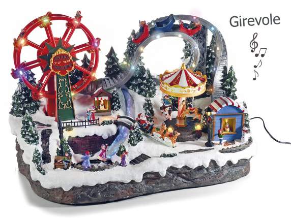 Park with resin rides, multicolor lights, music, movement