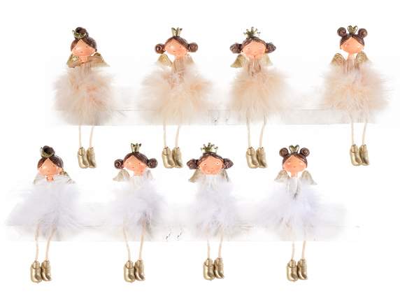 Long legged resin angel with feather skirt and gold details