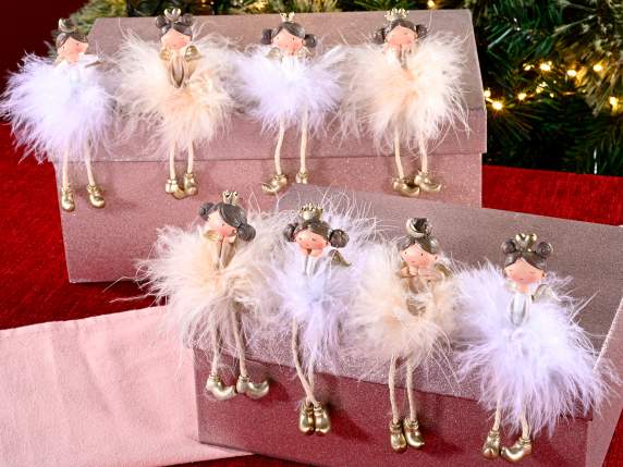 Long legged resin angel with feather skirt and gold details