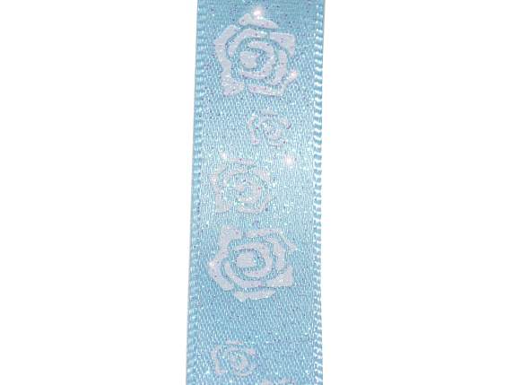 Blue satin ribbon with glittery roses