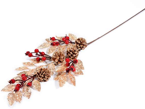 Branch with leaves and pine cones glittered in gold and red
