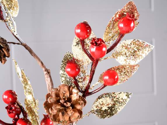 Branch with leaves and pine cones glittered in gold and red