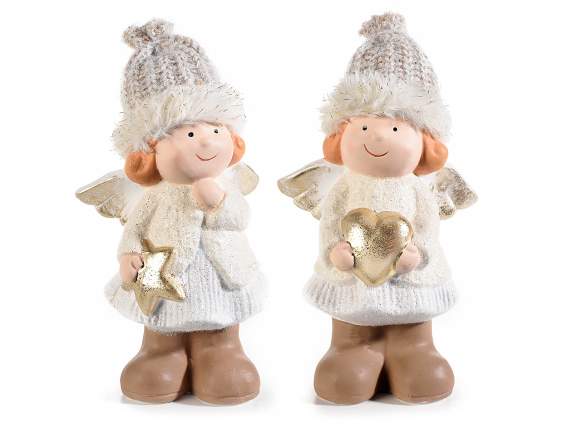 Ceramic angel with fabric hat, heart and star