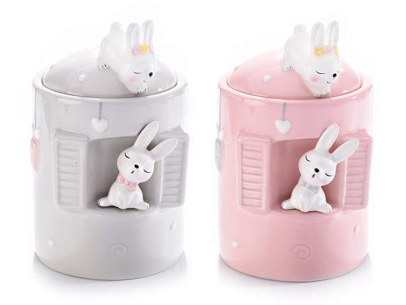 Ceramic food jar with rabbit at the window