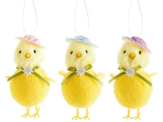 Chick with hat, bow and flower to hang