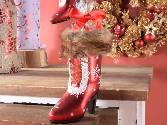 Heeled sweets holder boot, in satin, lace and eco-fur