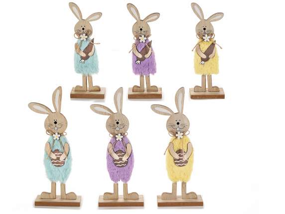 Decorative rabbit made of wood and soft fur with egg and bow