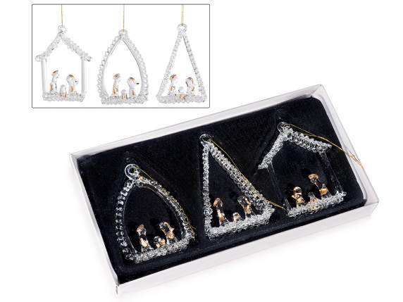 Box of 3 glass nativity scenes with golden details to hang